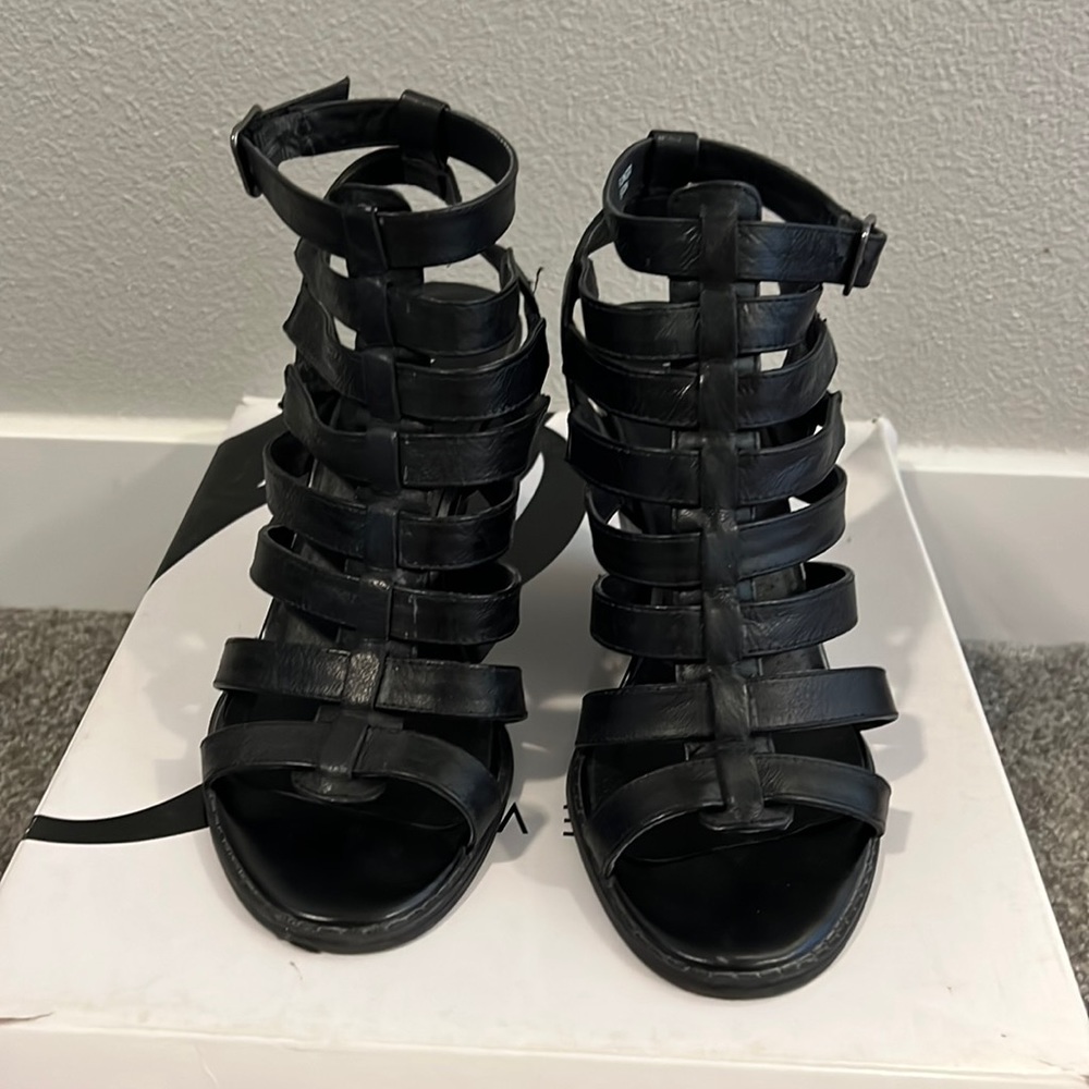 Nine West Black Strappy Leather Wedge